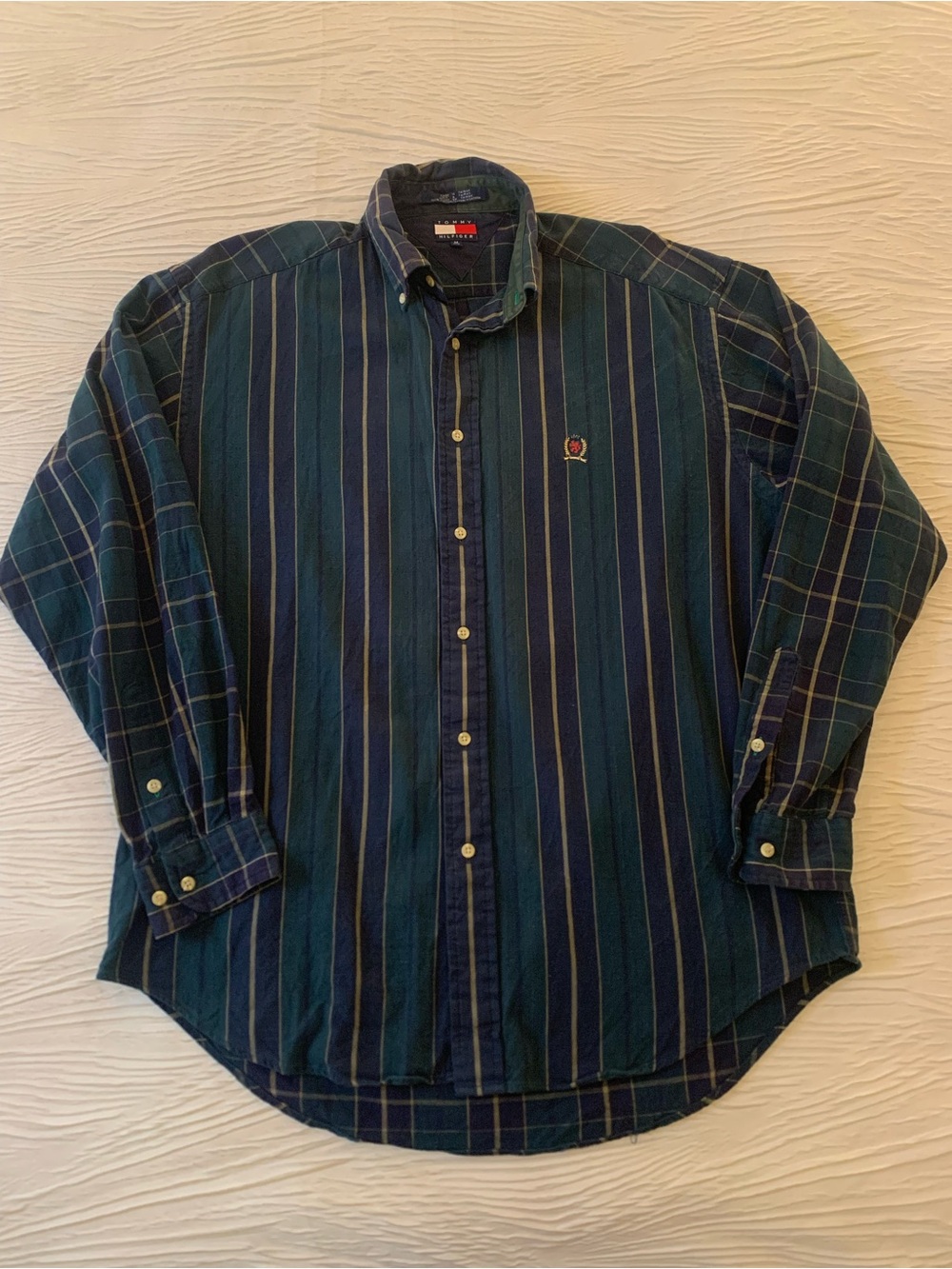 Vintage 90s Tommy Hilfiger Green Striped/Plaid Oxford Shirt, size medium